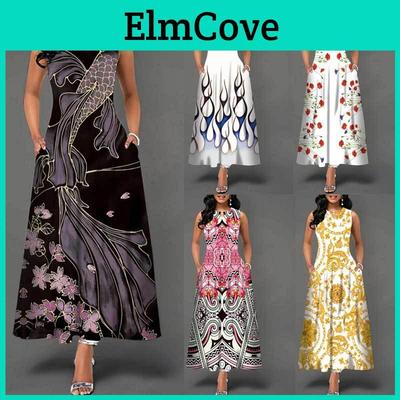 İş ve Günlük Giyim İçin Şehirli Şık Baskılı Polyester Kolsuz Maksi Elbise