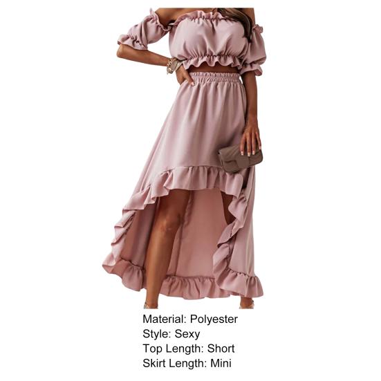 2 Pcs/Set Women Skirt Set Solid Color Ruffle Shoulder-less Breathable Mini Summer Top Set for Prom