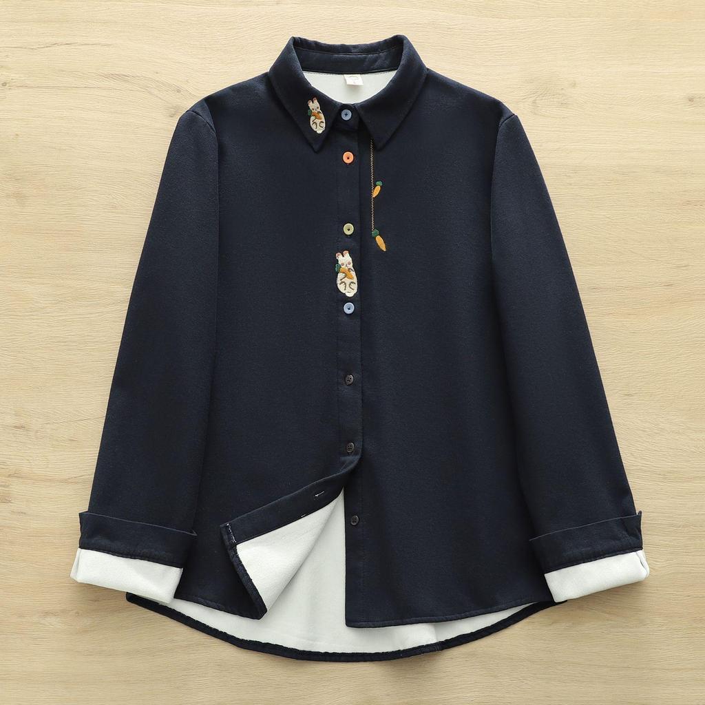 Women's Warm Autumn/Winter Velvet Shirt with Artistic Rabbit & Radish Embroidery