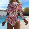 Damen Langarm Einteiler Badeanzug Reißverschluss Vorne Abstrakte Textur Print Rash Guard Surfen Badeanzug