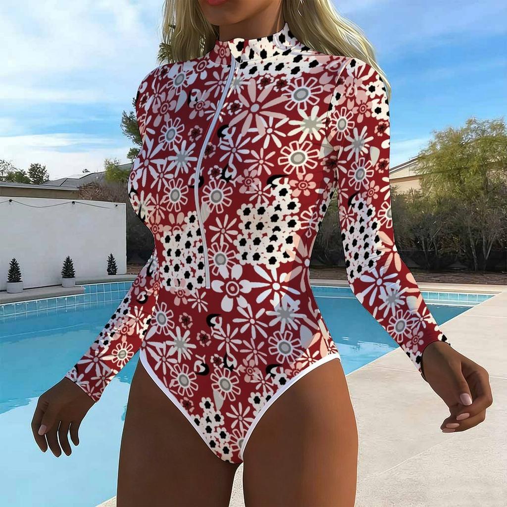 Damen Langarm Einteiler Badeanzug Reißverschluss Vorne Abstrakte Textur Print Rash Guard Surfen Badeanzug