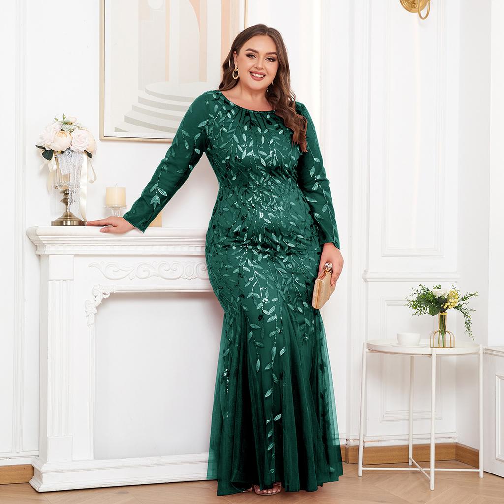 Plus Size Elegant Embroidered Mermaid Dress Round Neck Long Sleeve Lined Back Zipper