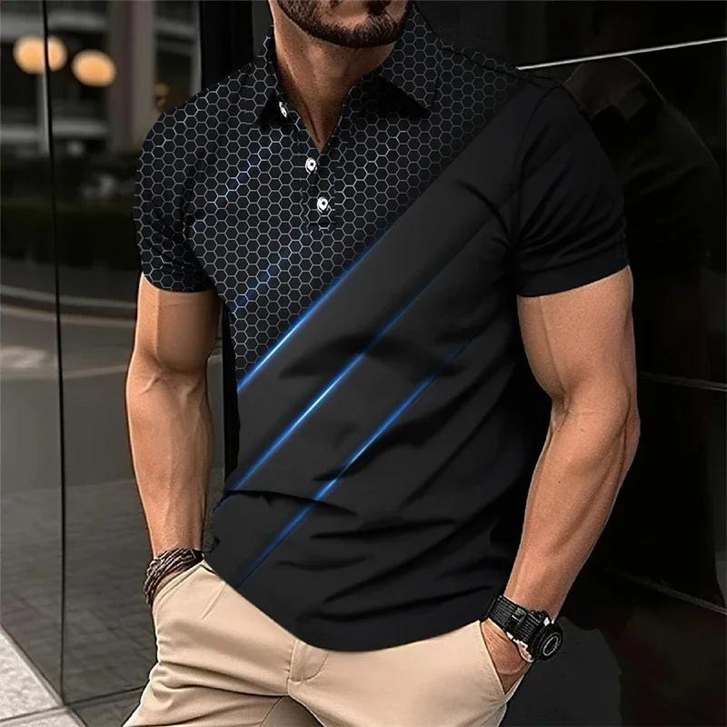 Stylish Geometric Design Short-sleeve Polo Shirt, Trendy Casual Top for Men