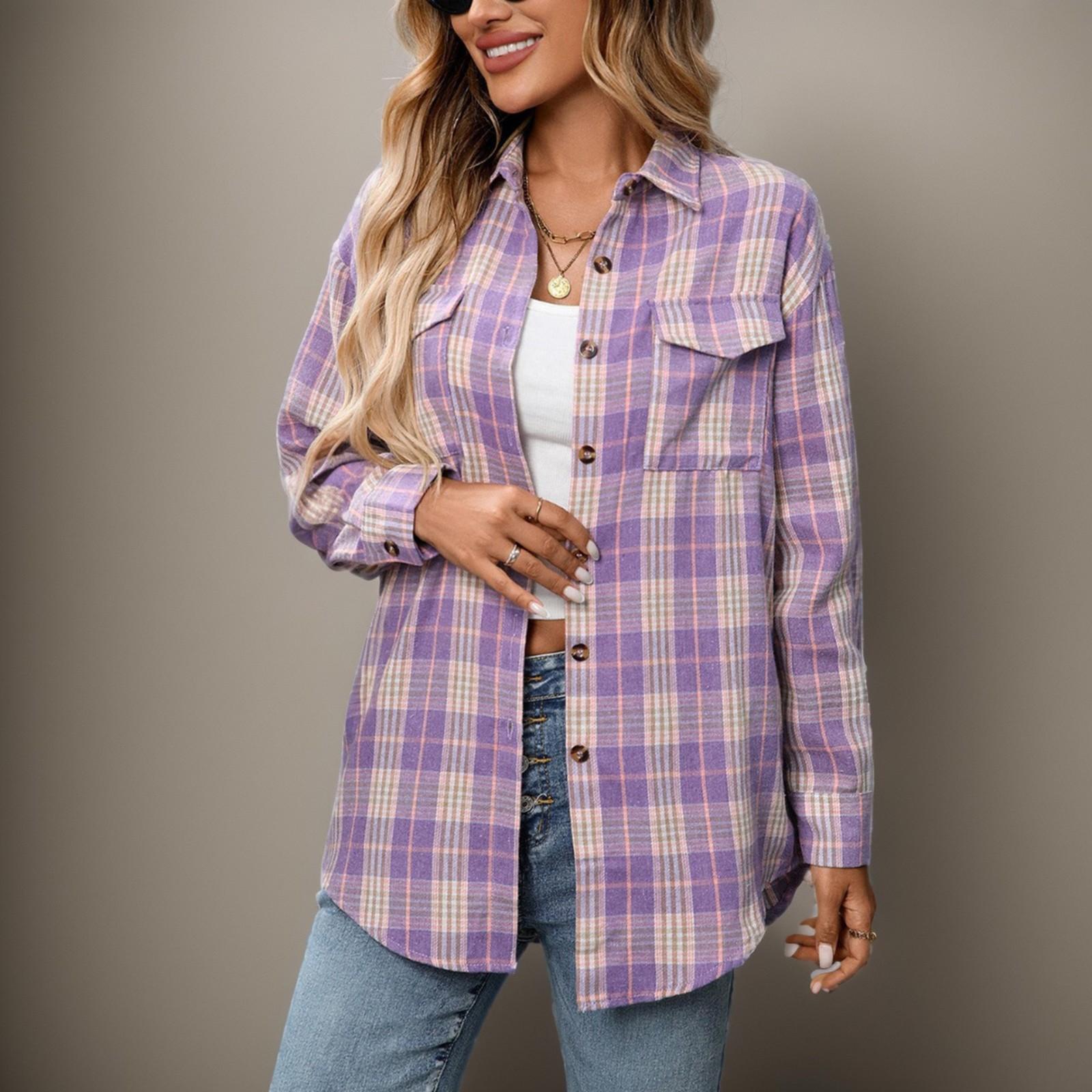 

Женская повседневная модная свободная клетчатая рубашка с карманом, топы с длинным рукавом L фиолетовый