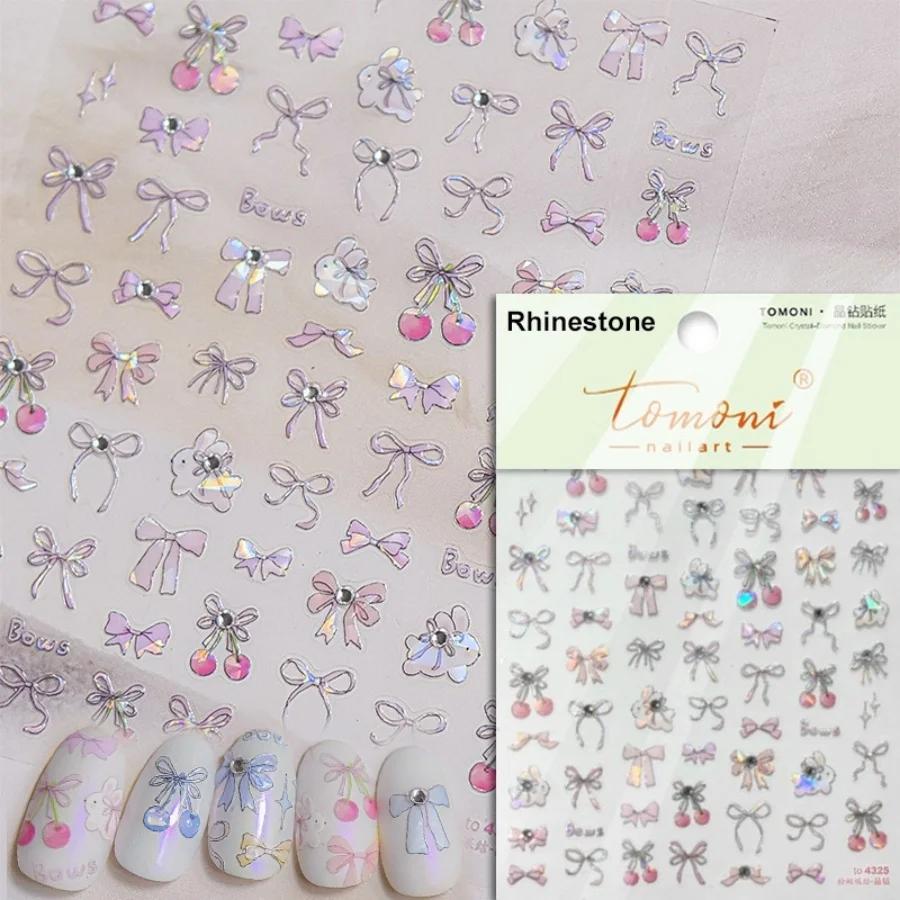 5D Cute Rabbit Love Peach Blossom Flower Yellow Nail Art Stickers Bowknot DIY Self Adhesive Rhinestone Manicure Decals