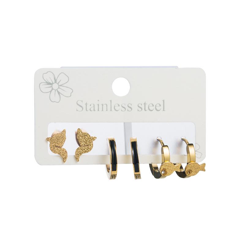Women Simple Hoop Earrings Six-piece Set Stainless Titanium Steel Zircon Gold Color Fish Geometric Ear Ornaments