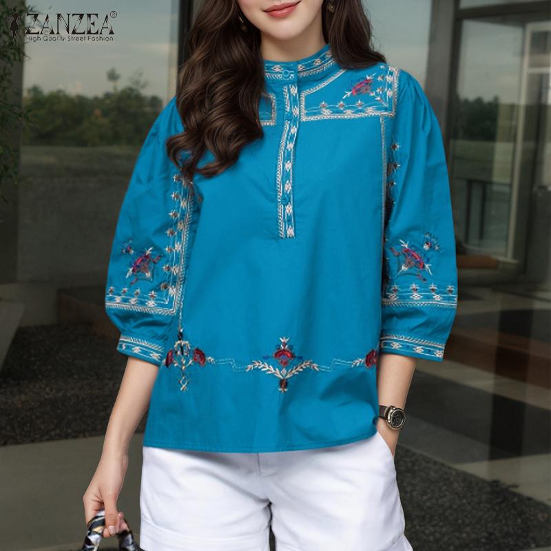 ZANZEA Women Casual Stand Collar Loose 3/4 Sleeve Print Blouse