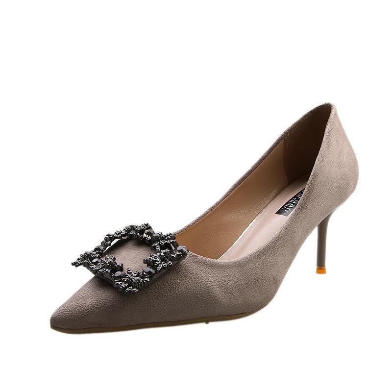 Rhinestone High Heels Women's New Professional Thin Heel Temperament Pointed Women's Shoes Metal Square Buckle Single Shoes