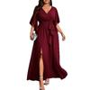 Plus Size Women Cross V Neck Frill Short Sleeve High Waist Long Banquet Evening Dress