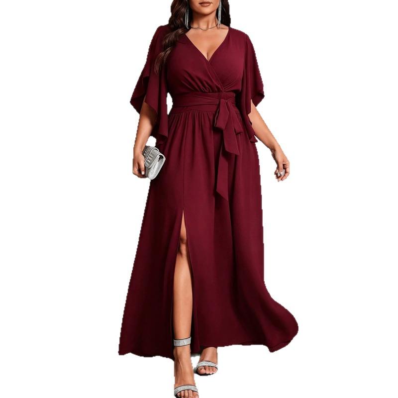 Plus Size Women Cross V Neck Frill Short Sleeve High Waist Long Banquet Evening Dress