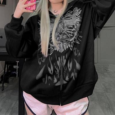 Women Zip Up Oversized Hoodies Y2k Vintage Graphic Oversized Sweatshirt Jacket Pullover Coats Gothic Harajuku Streetwear