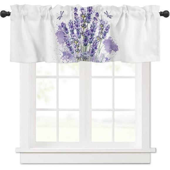 DecorLovee Curtain Valances for Windows Living Room, Purple Lavender Curtain Toppers and Valances for Bedroom, Farm Flower Dragonfly Rod Pocket
