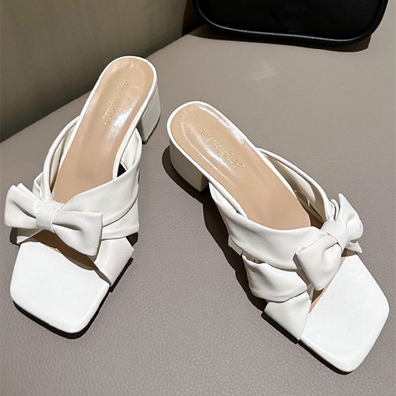 Fashion Cute Pink Bow Slippers Women Fashion Square Heel Open Toe Slides Sandals High Quality Patent Leather Cozy Non Slip Summer Shoes