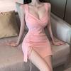 2026 night show drawstring pleated waist thin temperament low chest deep V neck sexy sleeveless hip wrap dress