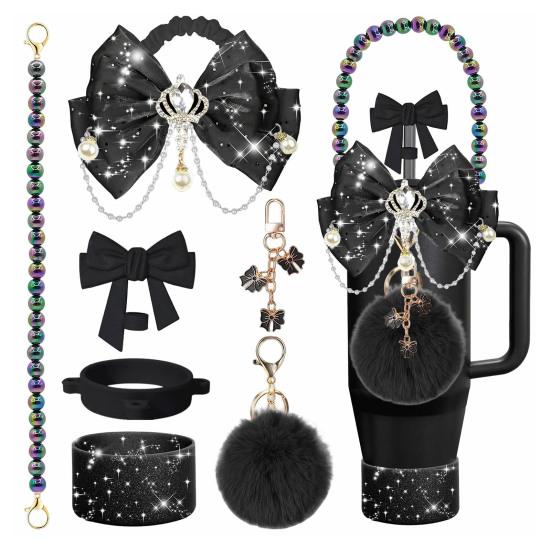 1 Set Tassenmanschette Funkelnde Strasssteine Imitierte Perlen Schleifen-Dekor Tassenzubehör mit Silikon-Bodenprotektor