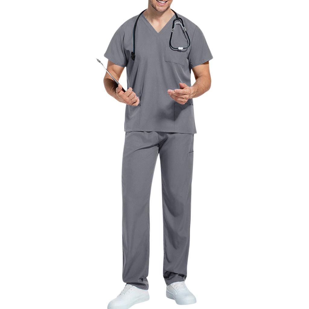 Unisex V Neck Scrub Set Short Sleeve Top and Elastic Waist Pants Two Piece Uniform for Medical Professionals