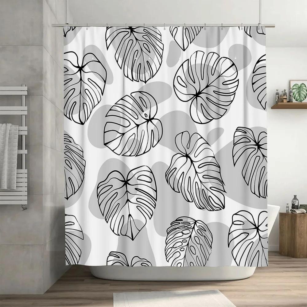 Black White Monstera Leaf Shower Curtain Modern Bathroom Decor for Home Bathing Room Decoration Extra Long 72 x 84 Inches Wall H