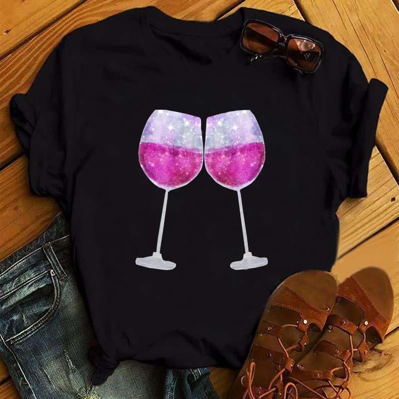 New Rose Gold Wine Glasses Tshirts Women Short-sleeve Tee Shirt Wine Glass Funny T Shirts 90s Ulzzang Female Black Tops Tees