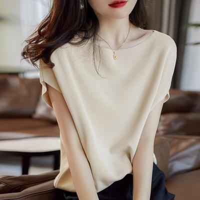 Ice Silk Short Sleeve T-shirt for Spring Summer Women Stylish Bat Sleeves Loose Fit Thin Knit Tops