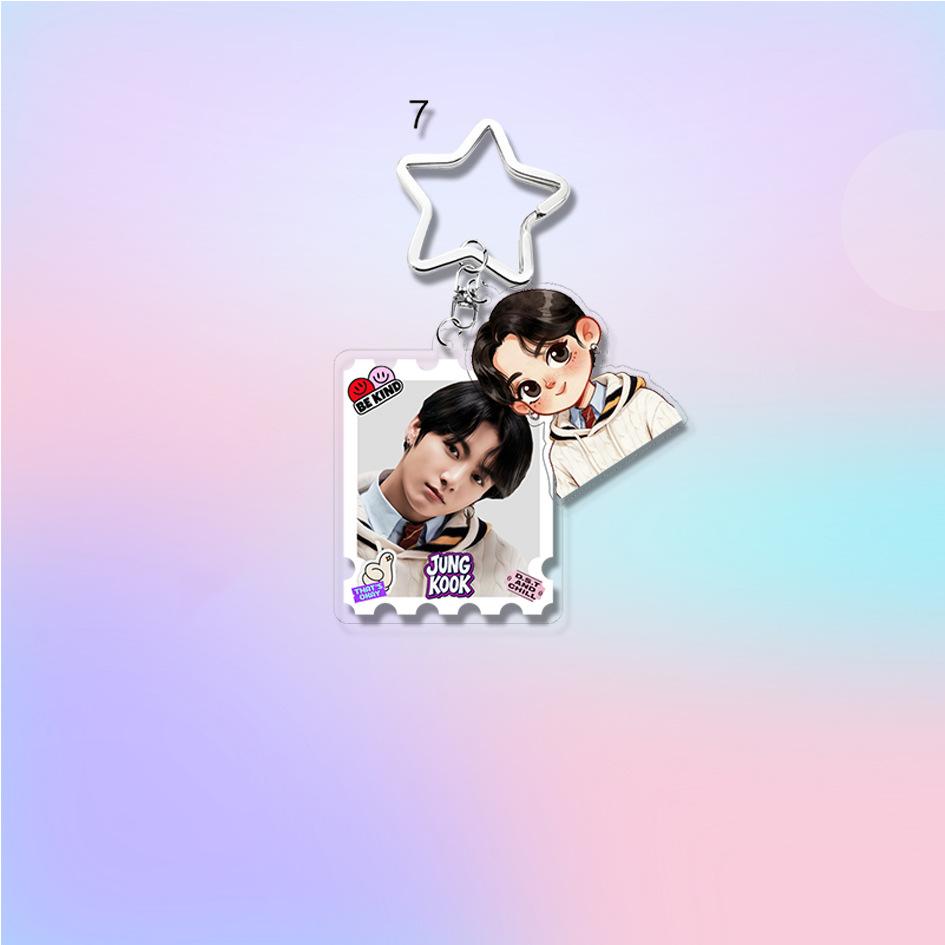 

BTS Acrylic Keychain, Bangtan Boys Real Photo + Cartoon Figure Double Keyring with Star Clasp, Kpop ARMY Fans Bag Charm JUNGKOOK