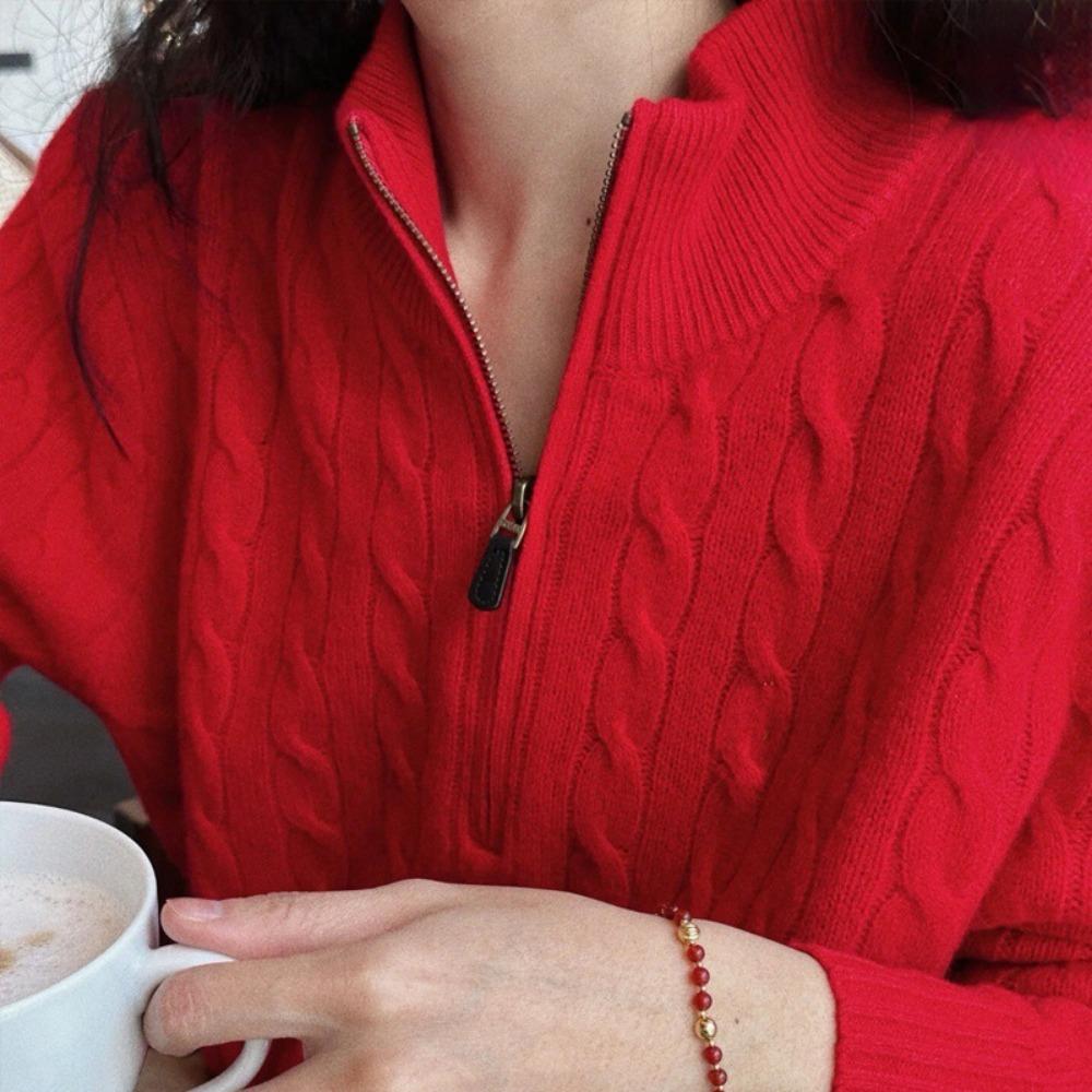 Half-zipper Lapel Pullover Knitted Sweater for Women's Casual Knitted Sweater