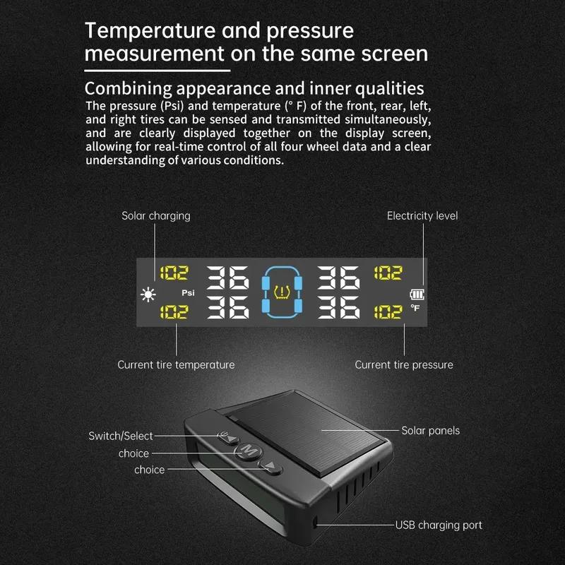 Tire Pressure Monitoring System Car Safety Alarm Wireless Solar/USB Powered 4/6 Sensors Color Digital Display For Caravan Truck