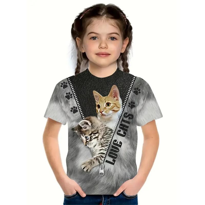 Letní tričko s kulatým výstřihem a 3D potiskem kočky, módní a ležérní dětské dívčí tričko s krátkým rukávem