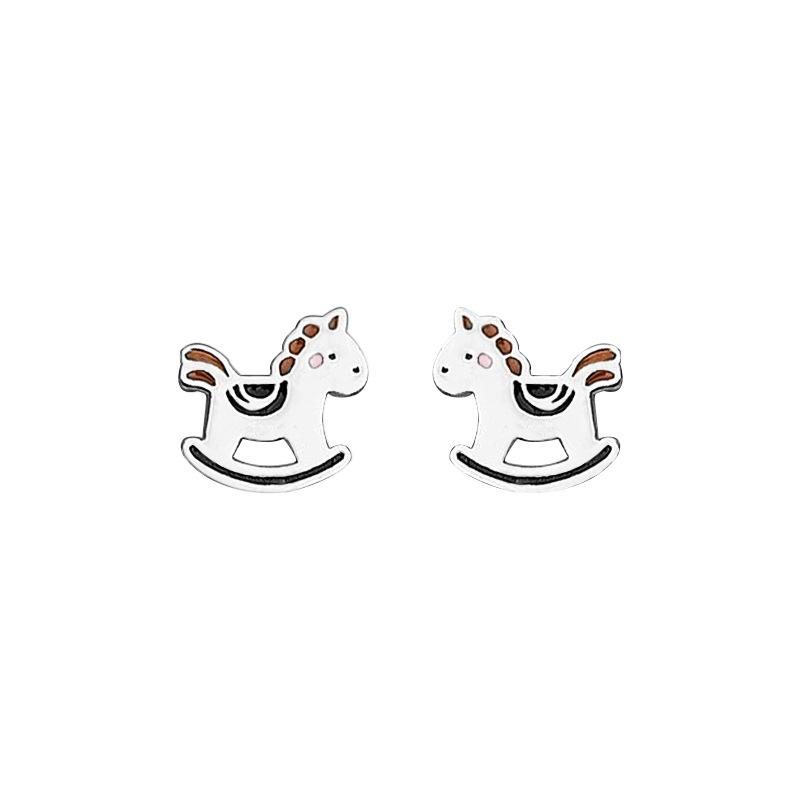 2026 Sterling Silver Rocking Horse Stud Earrings - Cute Zodiac Birth Year Jewelry for Pierced Ears