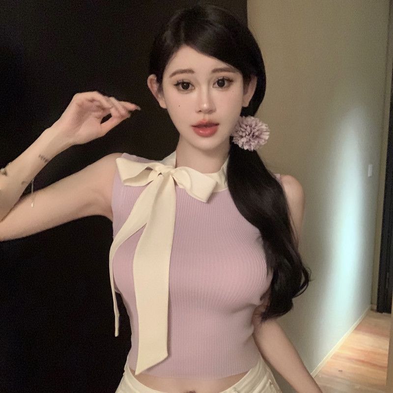 

Топ женский летний французский черный без рукавов с завязкой халтер и бантом L фиолетовый