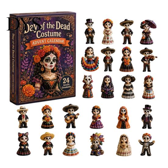 Skull Flower Advent Day of The Dead Calendar, 24-Day Acrylic Ornament Set with Gothic Holiday Countdown Gift And Marigold Designs, Halloween