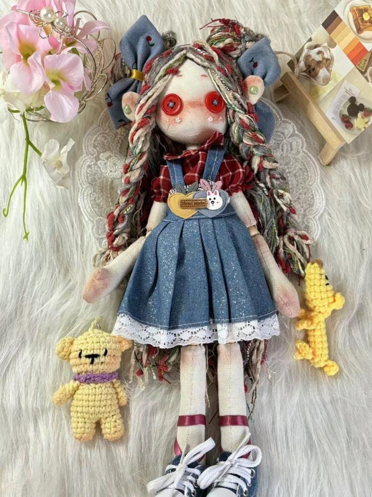 

Rainbow Cowboy Series Ghost Mom Button Doll Cute Handmade Doll With Denim Dress Red Plaid Top Headdress Handmade Gift For Girls