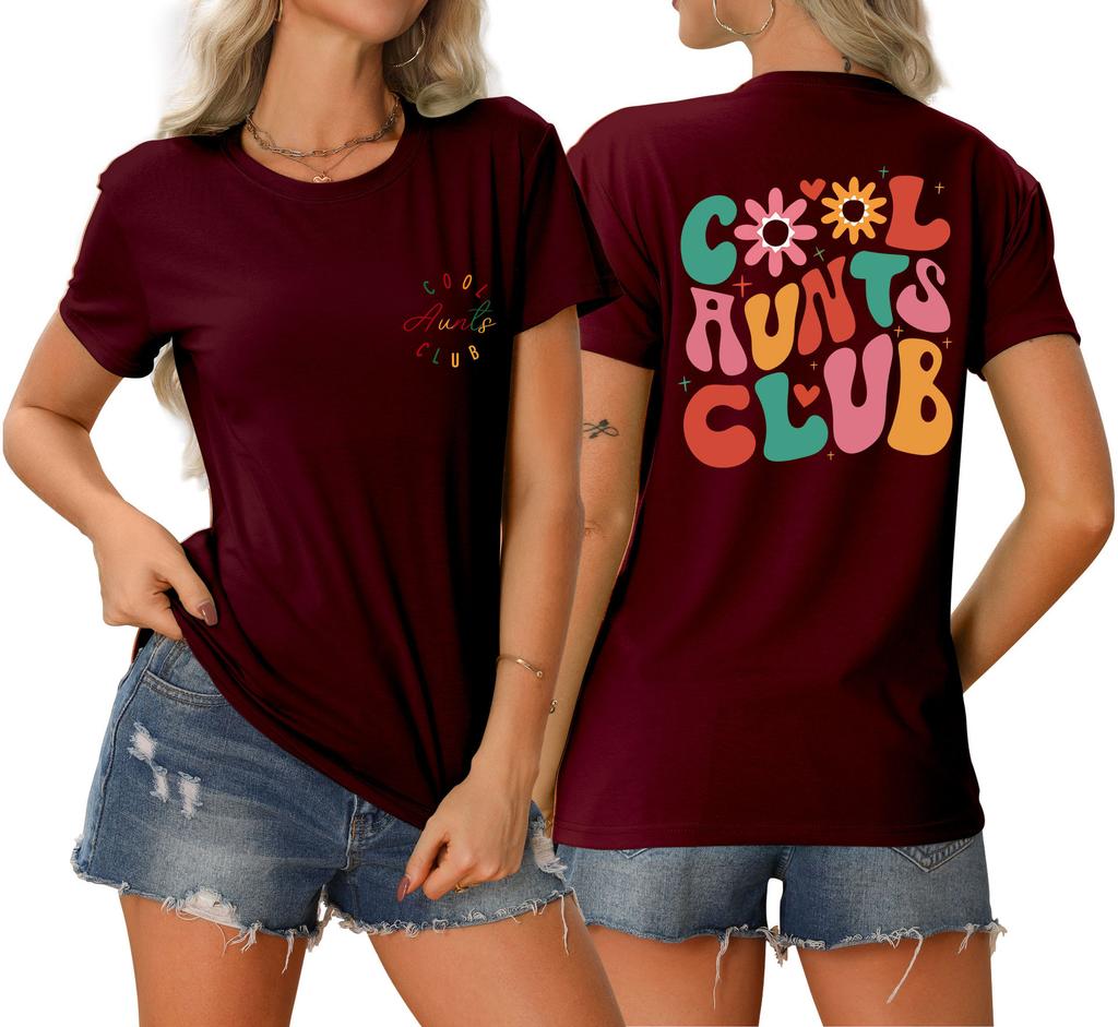 Summer new Womens round neck cool aunts club front and back printed Tshirt loose casual shortsleeved top with a stylish pullo