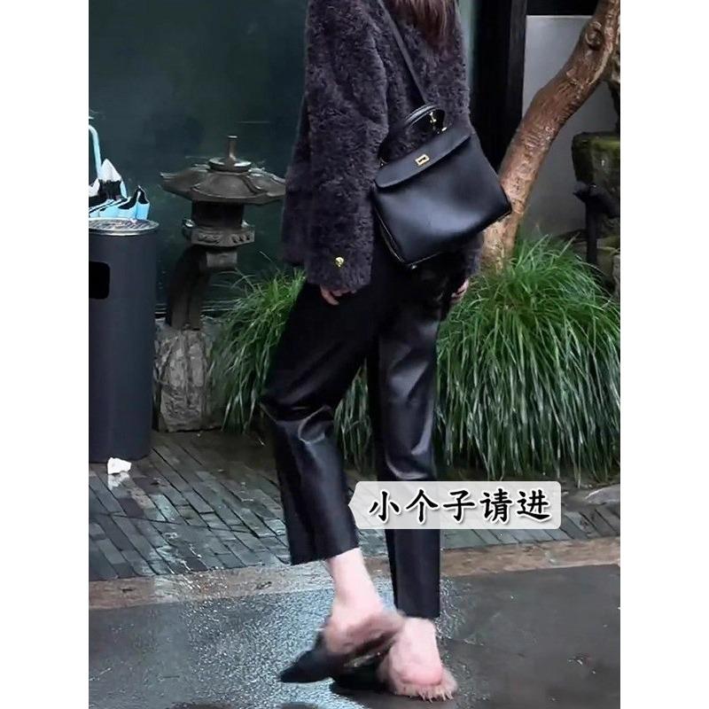 Small narrow version straight leather pants women's autumn and winter new high waist and thin temperament nine-point pipe pants