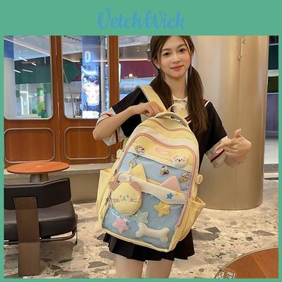 Fashion Color Blocked Cat Ear Design Student Backpack With Pendant And Badge For Girls