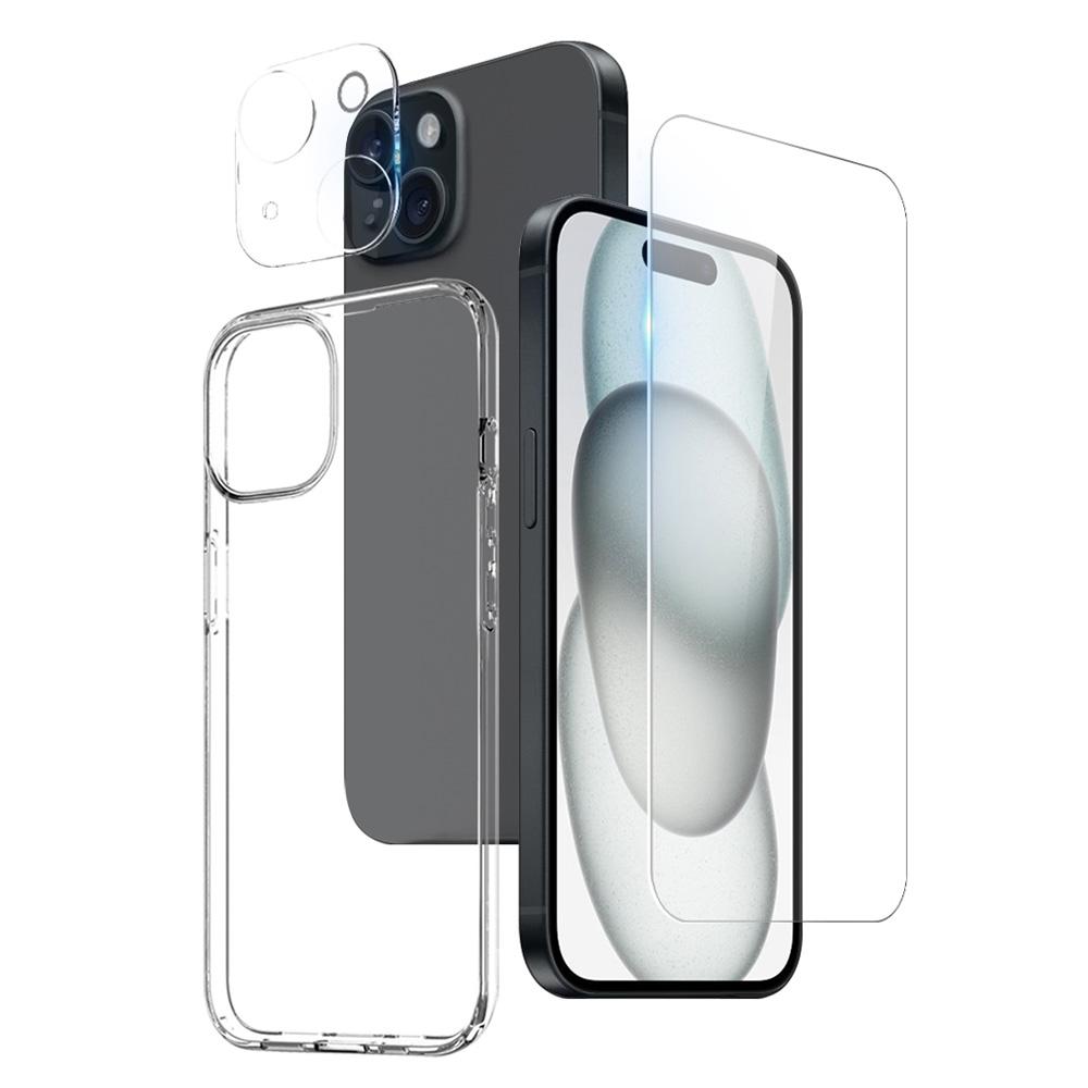 

NORTHJO 3 in 1 Clear Case for iPhone 15 Case with HD Tempered Glass Screen Protector/Camera Lens Film A