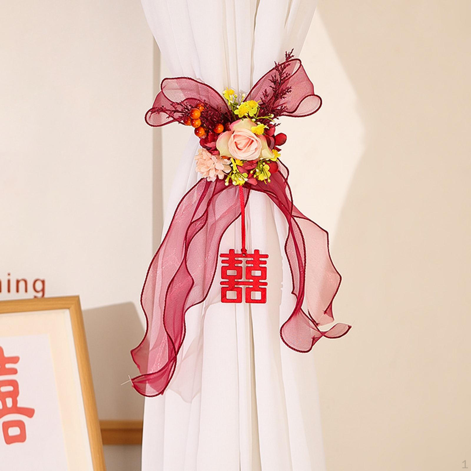 Artificial Flower Curtain Tiebacks Decoration Floral Holder Red Ribbons Wedding