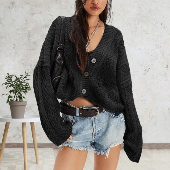 Women Sweater Coat V-Neck Long Sleeve Buttons Closure Cardigan Jacket with Pockets Solid Color Twist Texture Knitting Coat