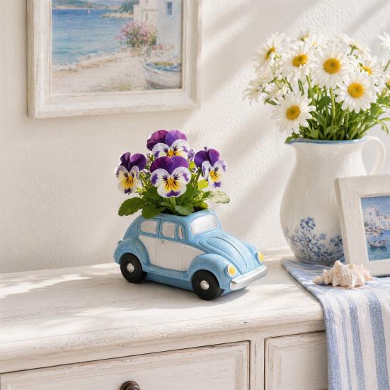 Retro brouk Auto Sukulentní Květináč, Velkokapacitní Květináč ve Tvaru Auta se Stárkovanou Glazurou Modrobílý Povrch, Kreativní Dekorace na Stůl pro Terasu Balkon