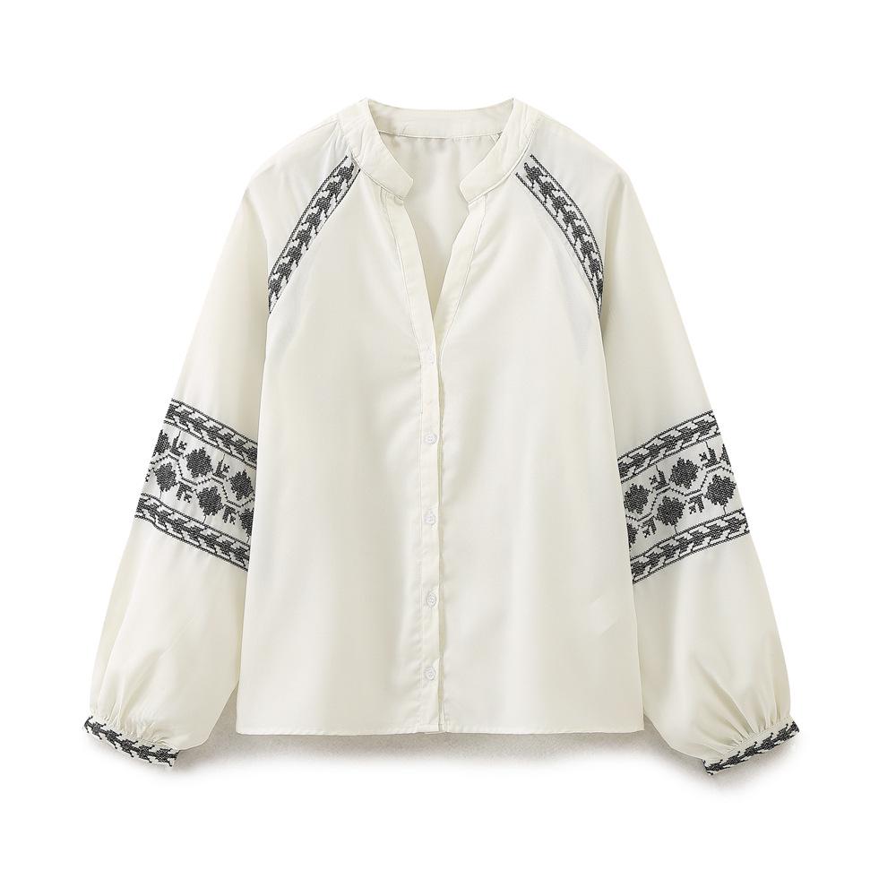 Evropský a americký styl 2025 Jaro/Podzim Stojáček Color Block Vyšívaná Volná Košile