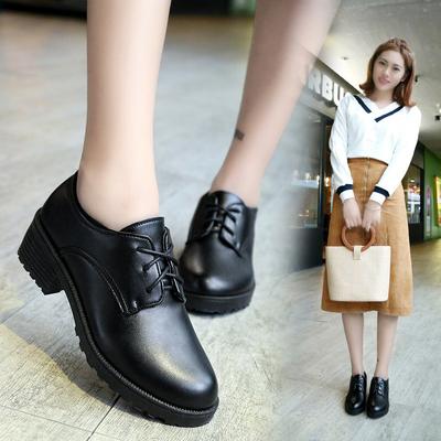 Professional Black Leather Shoes British Round Toe Women's Shallow Mouth Flat Shoes Student Lace-up Single-Layer Shoes Chunky Heel Casual Shoes