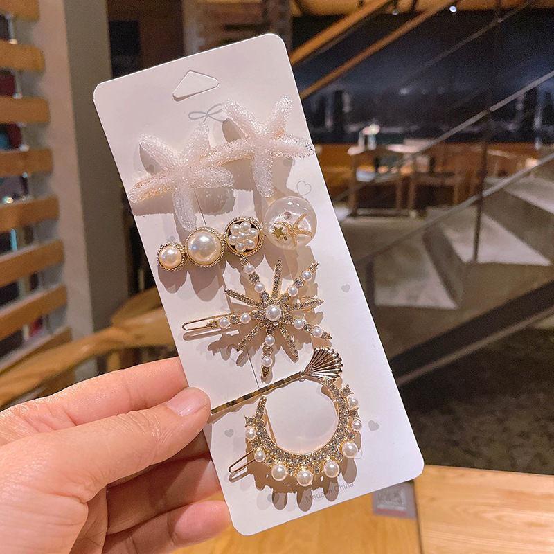 6-Piece Retro Korean Style Hair Clip Set with Bear, Pearl, Rhinestone, and Fairy Designs
