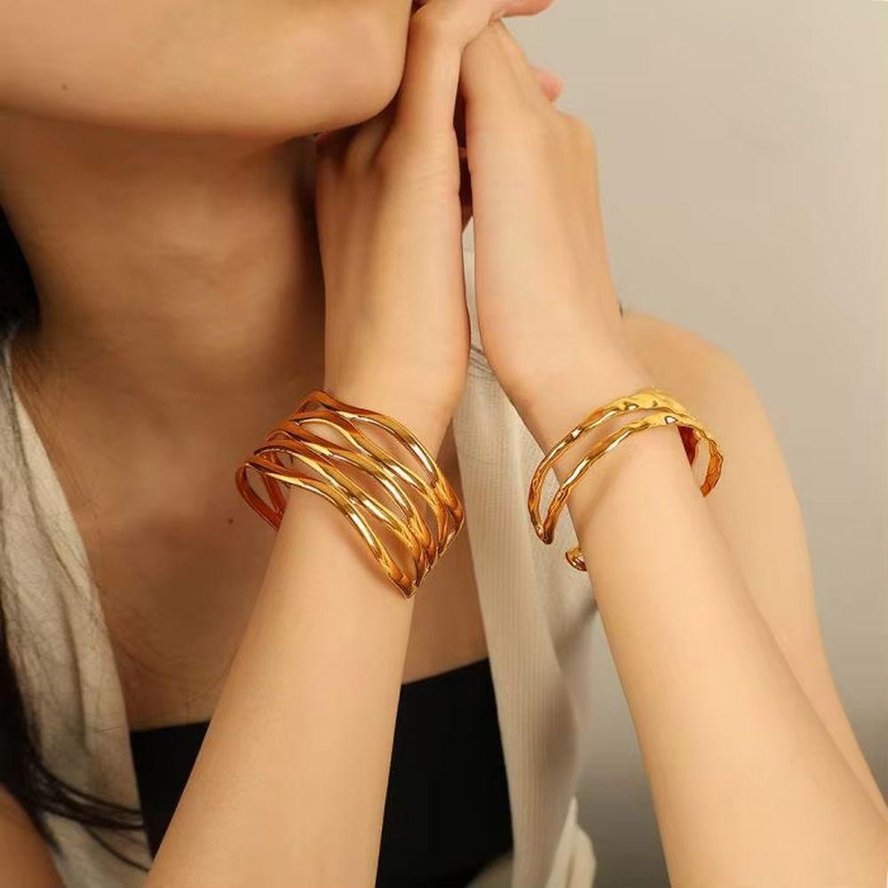 CARLIDANA Fashion Chunky Cuff Open Bracelet For Women Stainless Steel Waterproof Gold Color Bangle Vintage Jewelry Wedding Gift