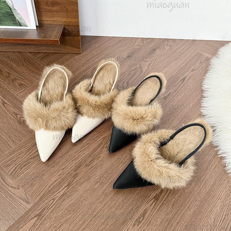 Autumn Winter Fur Lined Stiletto High Heel Mule Sandals for Women Pointed Toe Dress Sandals Cozy Back Strap Sandalias De Mujer