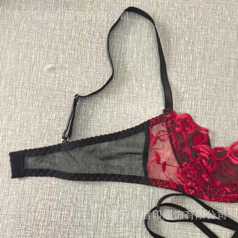 Translucent Panties Thong Hollow Open Bra Set Embroidered Strap Splicing Seductive Sexy Set