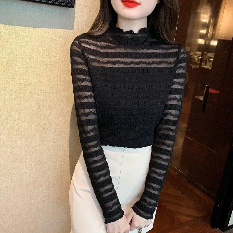 Modna koronkowa bluzka damska elegancka koronkowa koszula z długim rękawem damska jesień najniższe ubrania damskie bluzki biurowe 29747