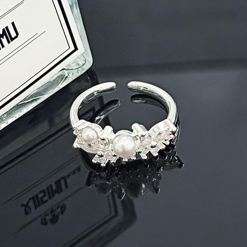 French Gentle Wind Bead Bow Full Diamond Light Luxury Ring Women'S Unique Niche High-End Ring