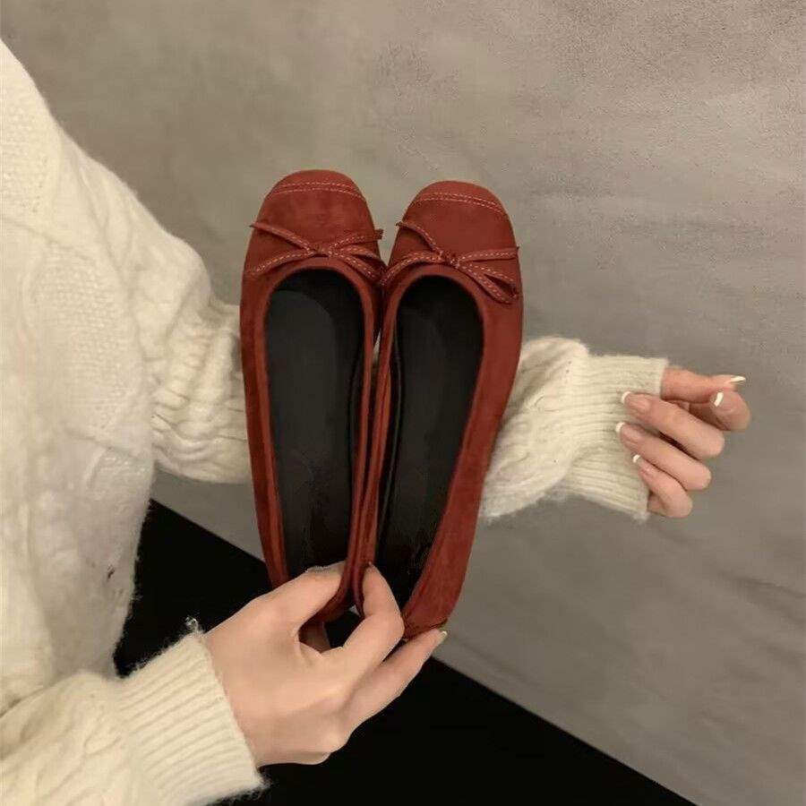 Red Ballet Single Shoes Women's 2025 New Bow Retro Evening Wind Flat Bottom Ladyshoes Square Head Shallow Mouth Grandma Shoes