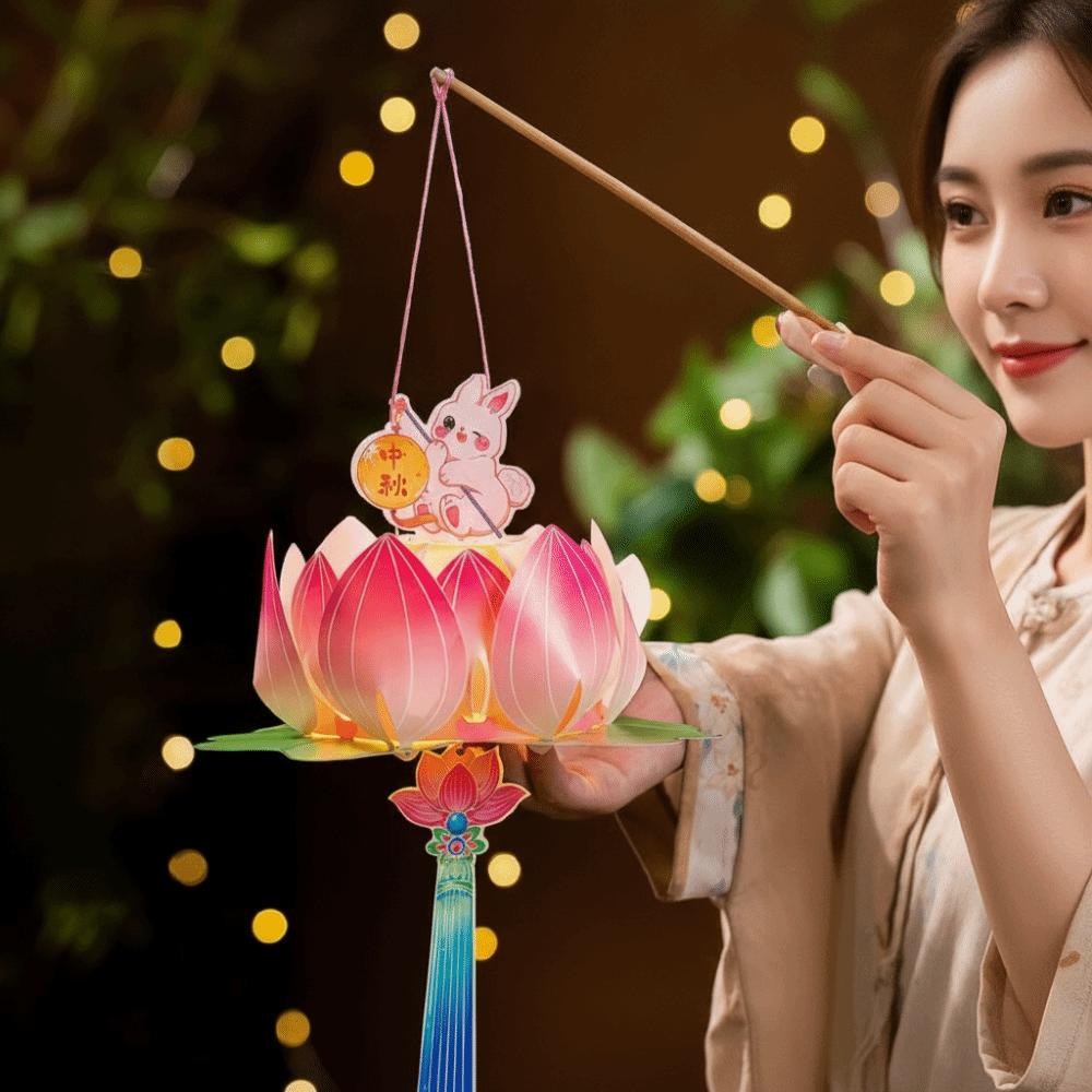 DIY Material Kit Luminous Lotus Lantern Portable Handmade Rabbit Lamp Cartoon Vintage Mid-Autumn Lantern Family Activity