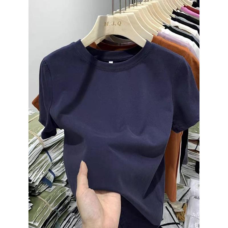 American Slim-fit Short-sleeved Inner with New Round Neck Front Shoulder Hong Kong Flavor Top Design Sense-shirt Women