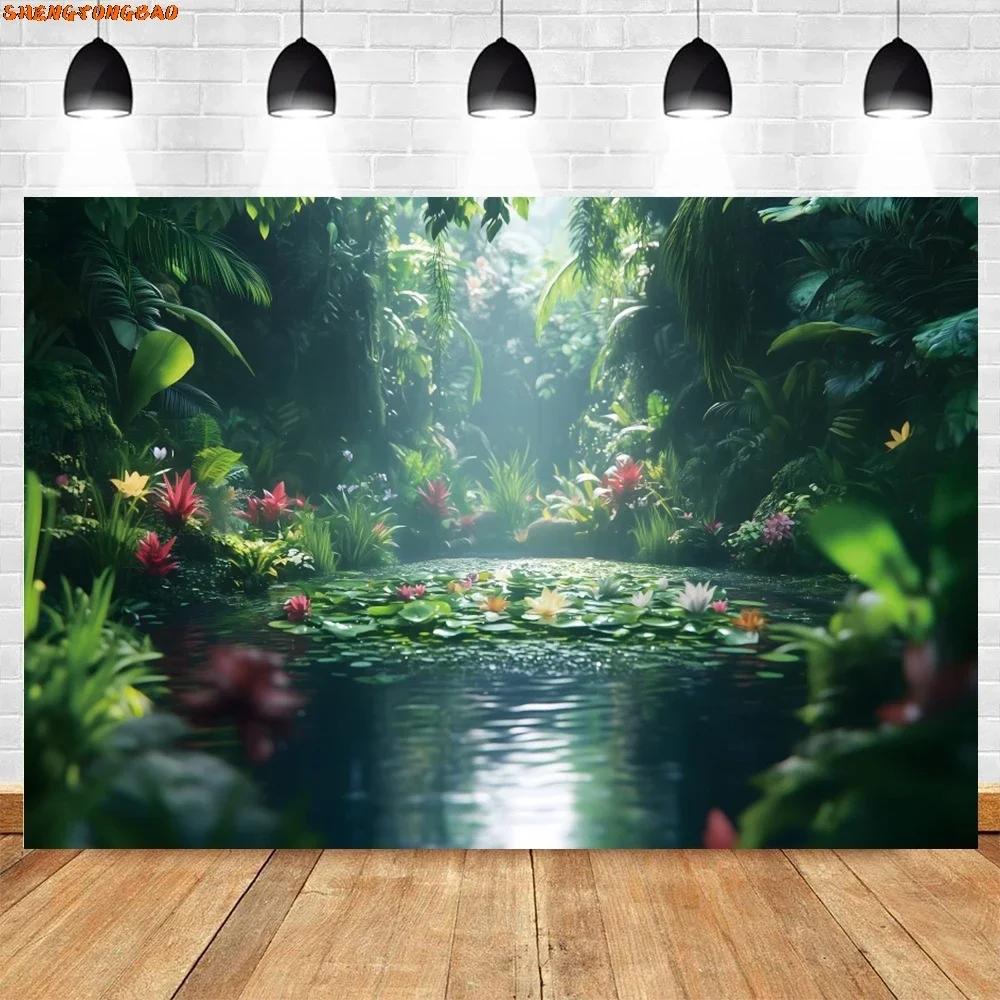 VIKAMA Jungle Lake Waterfall Tapestry Tropical Green Plant Forest Nature Scenery Wall Hanging Background Cloth for Home Decor2